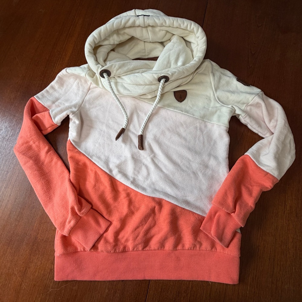 Wanakome Colorblock Cowl Neck Rope Hoodie Orange Pink Cream M